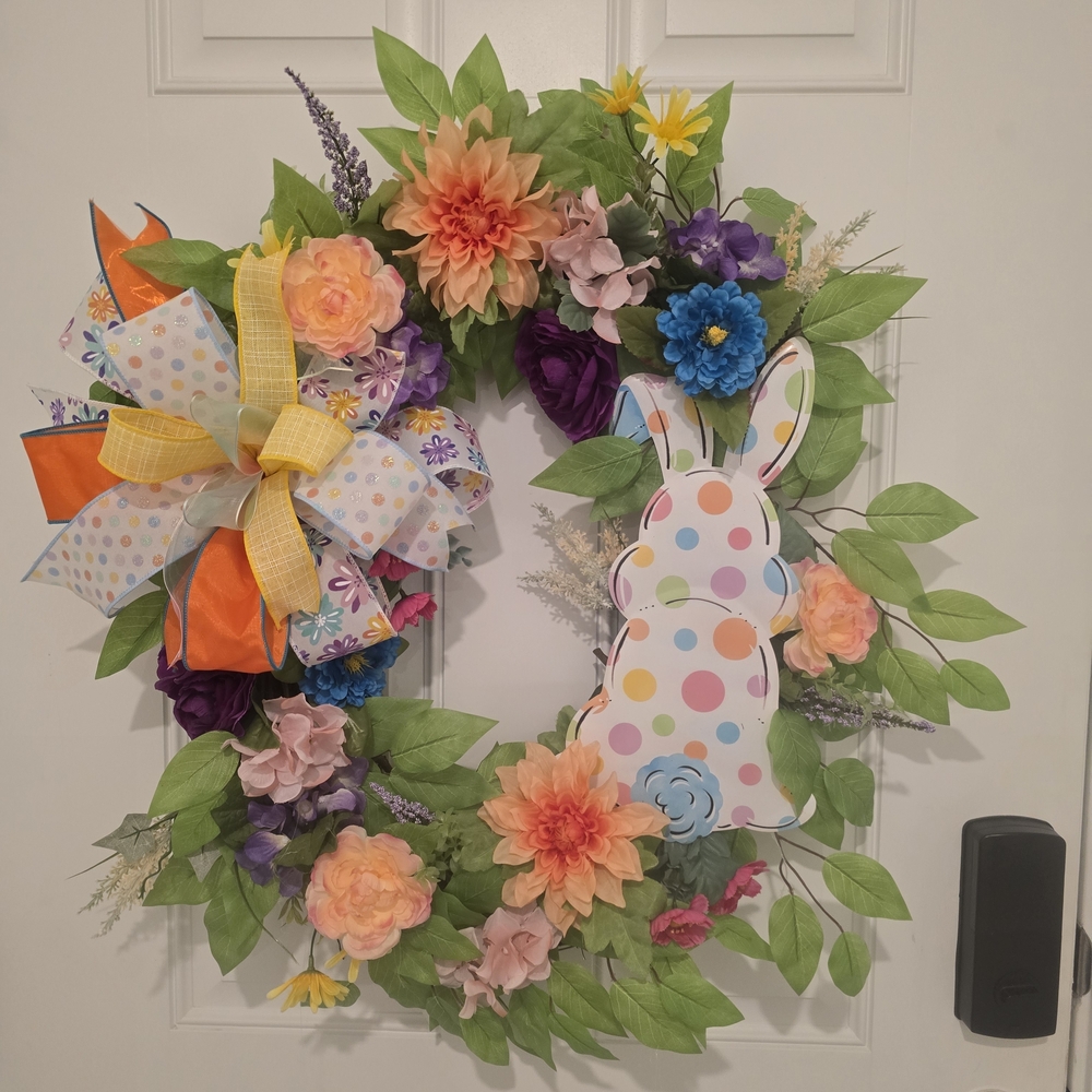 Colorful Floral Easter Wreath with Bunny